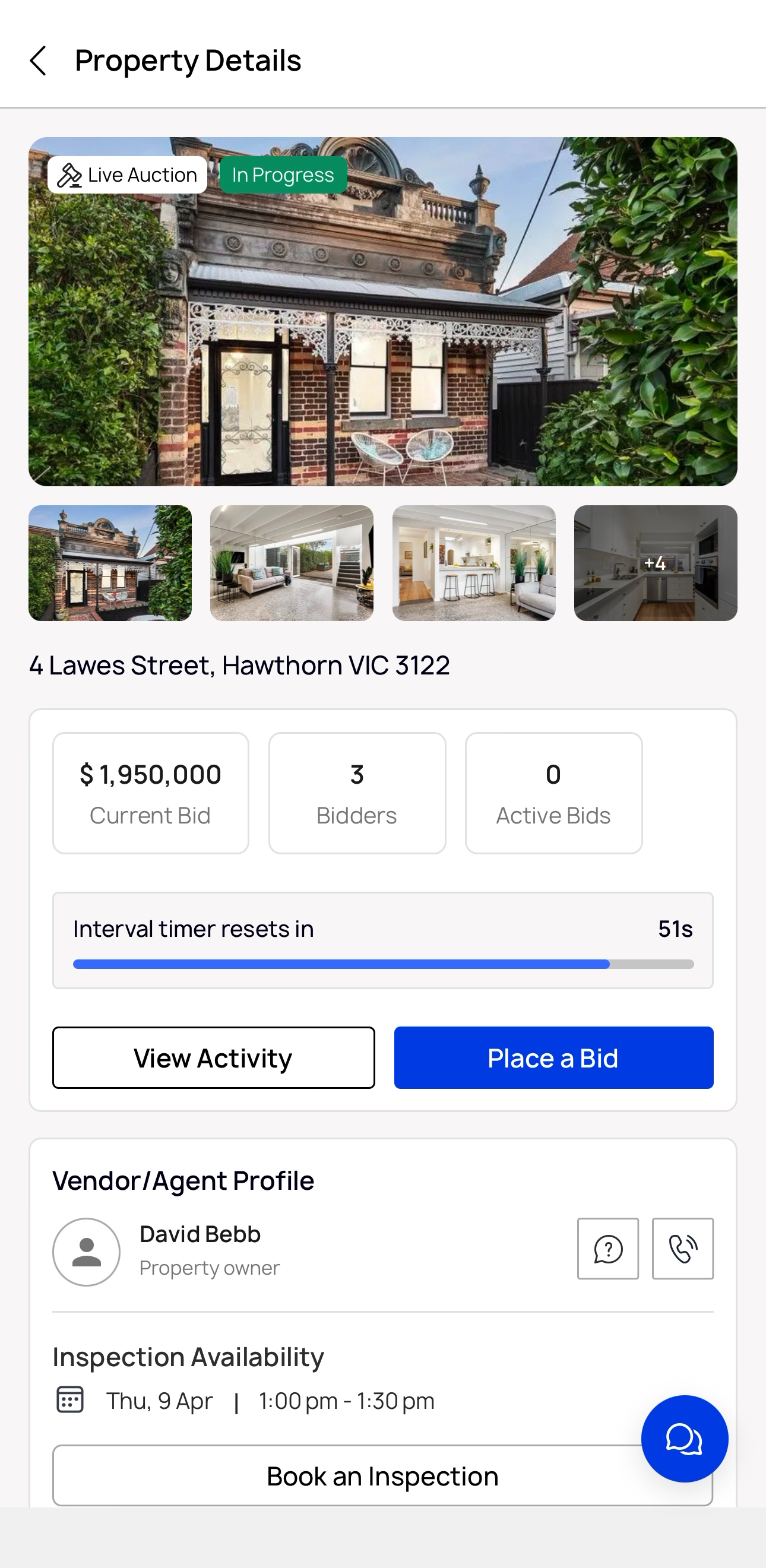The Unreserved app showing a live auction: current bid, verified bidder count and the interval timer counting down