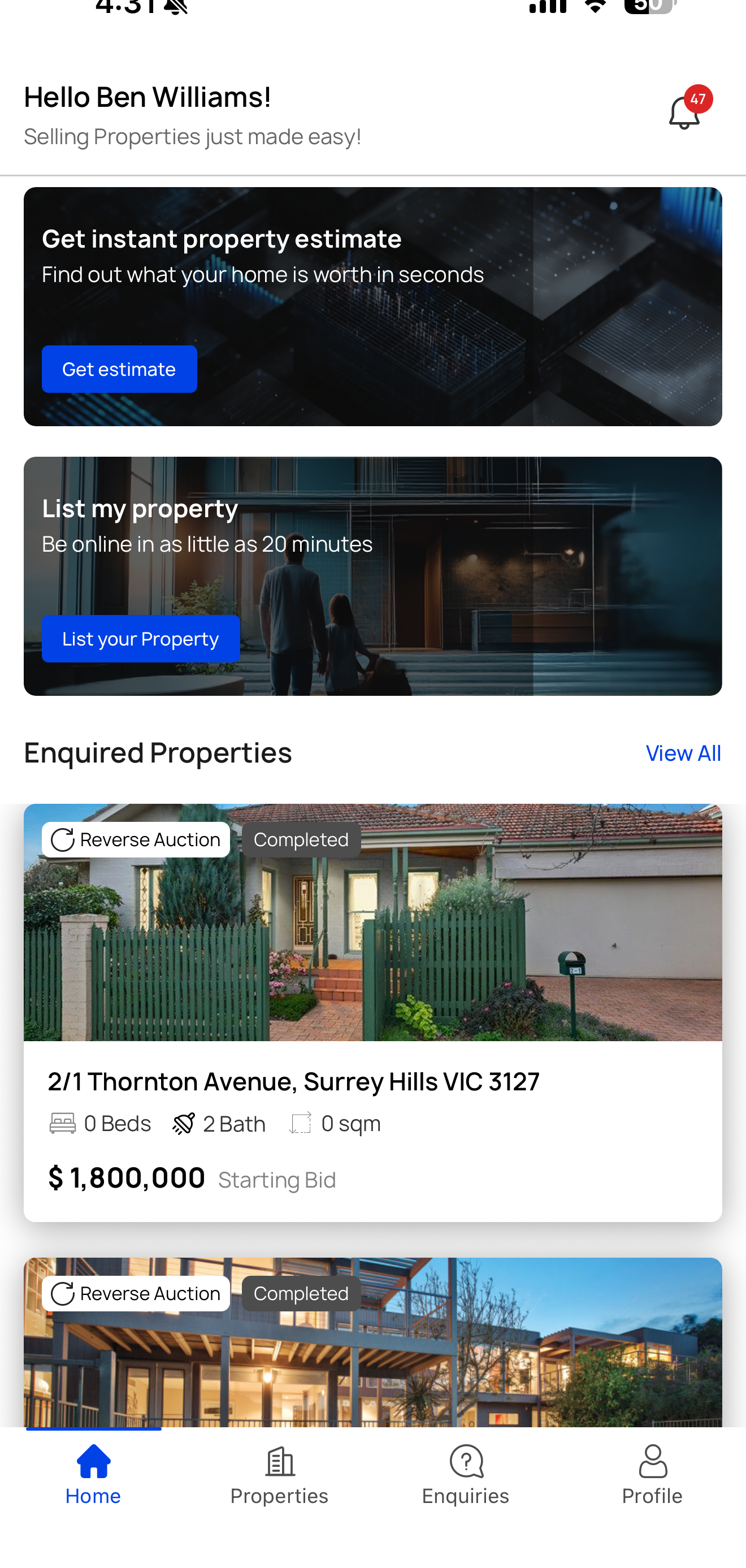 Unreserved app home screen: instant property estimate, list your property, and tracked properties