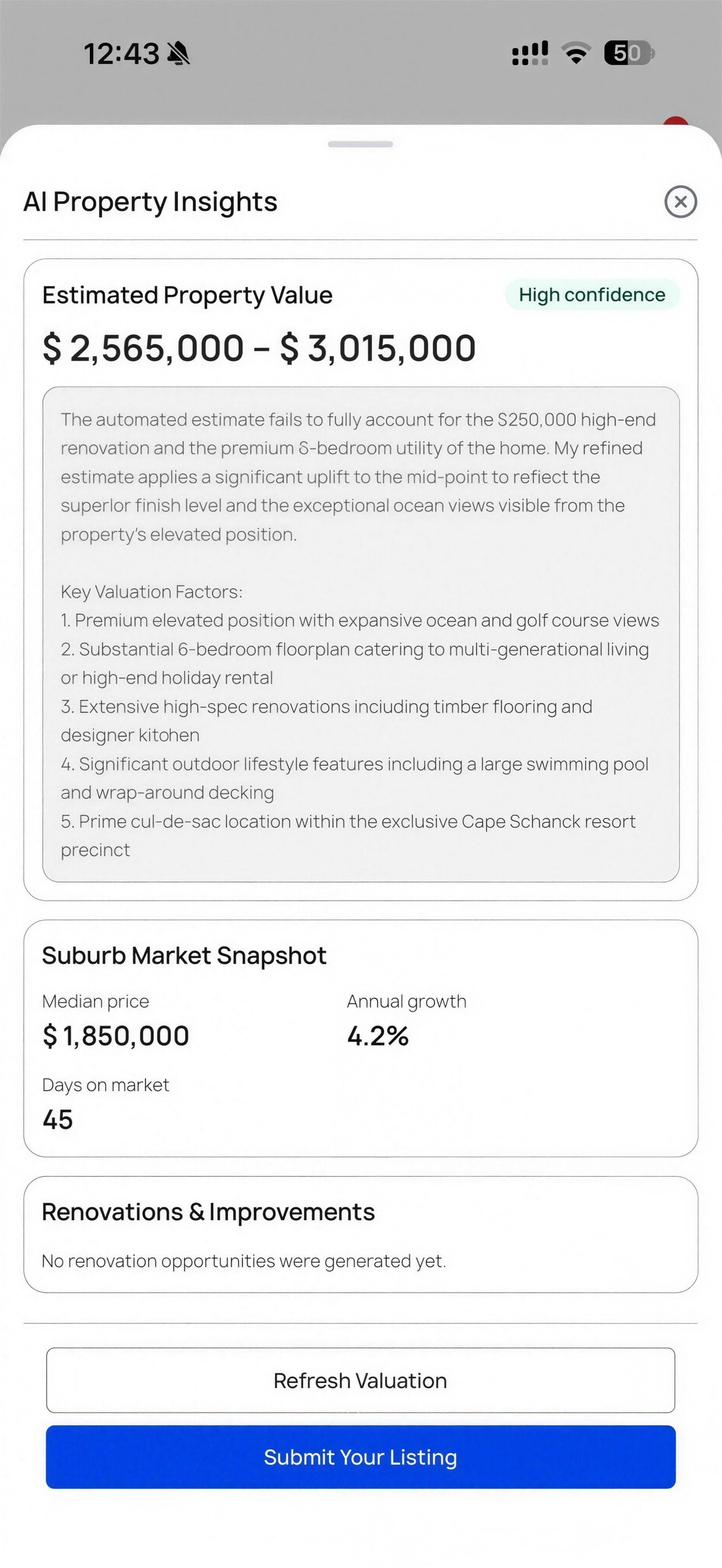 Unreserved app — AI Property Insights showing an estimated value range, valuation factors and suburb market snapshot