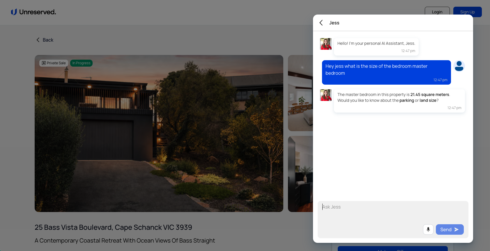 Unreserved private-sale dashboard on desktop — the property listing alongside the AI assistant answering buyer questions