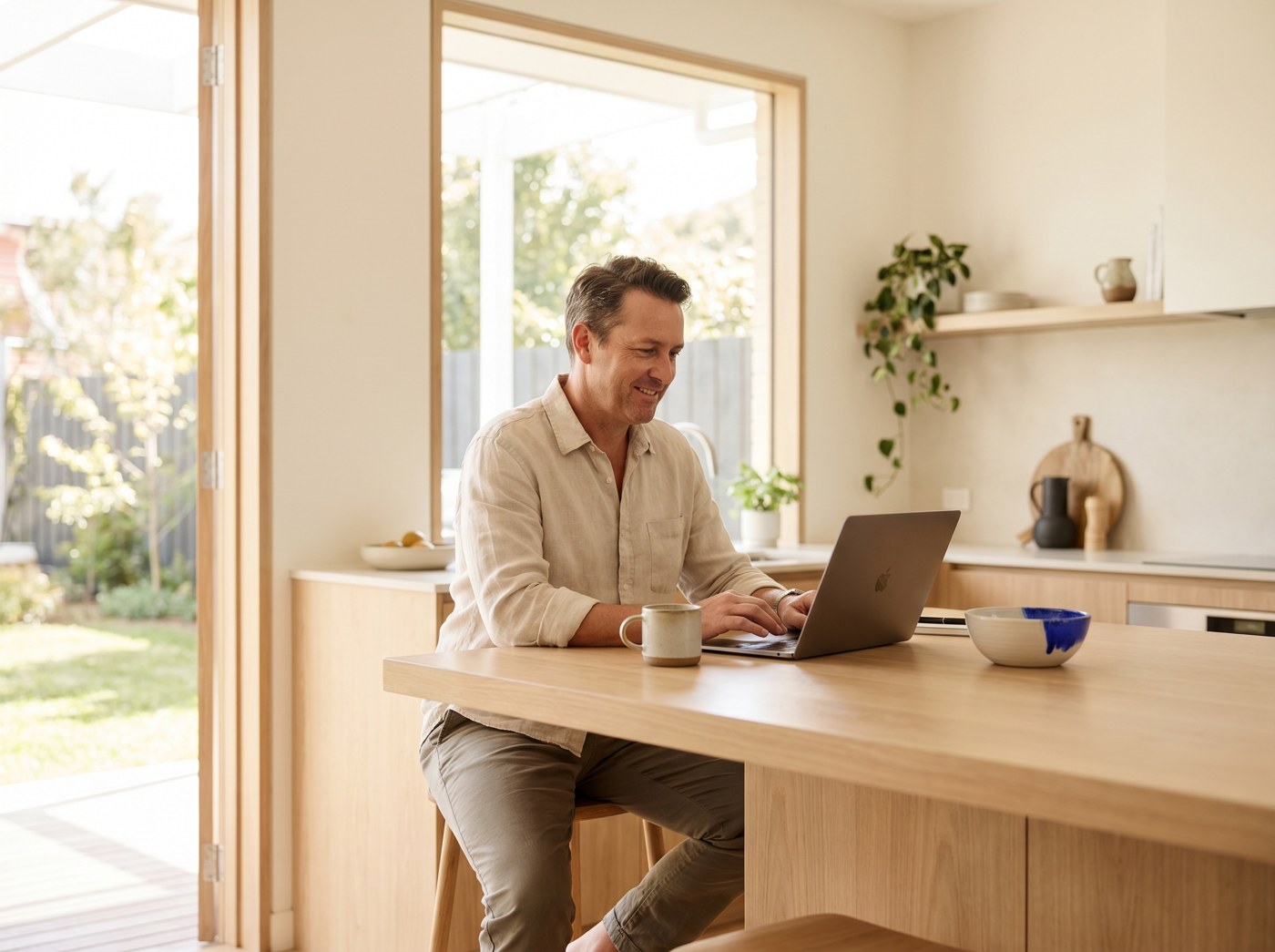 A homeowner entering their property details on a laptop at a sunlit kitchen bench