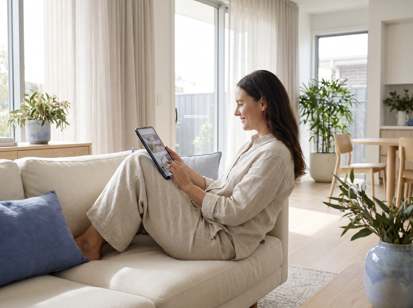A homeowner reviewing their AI-drafted property listing on a tablet from the sofa