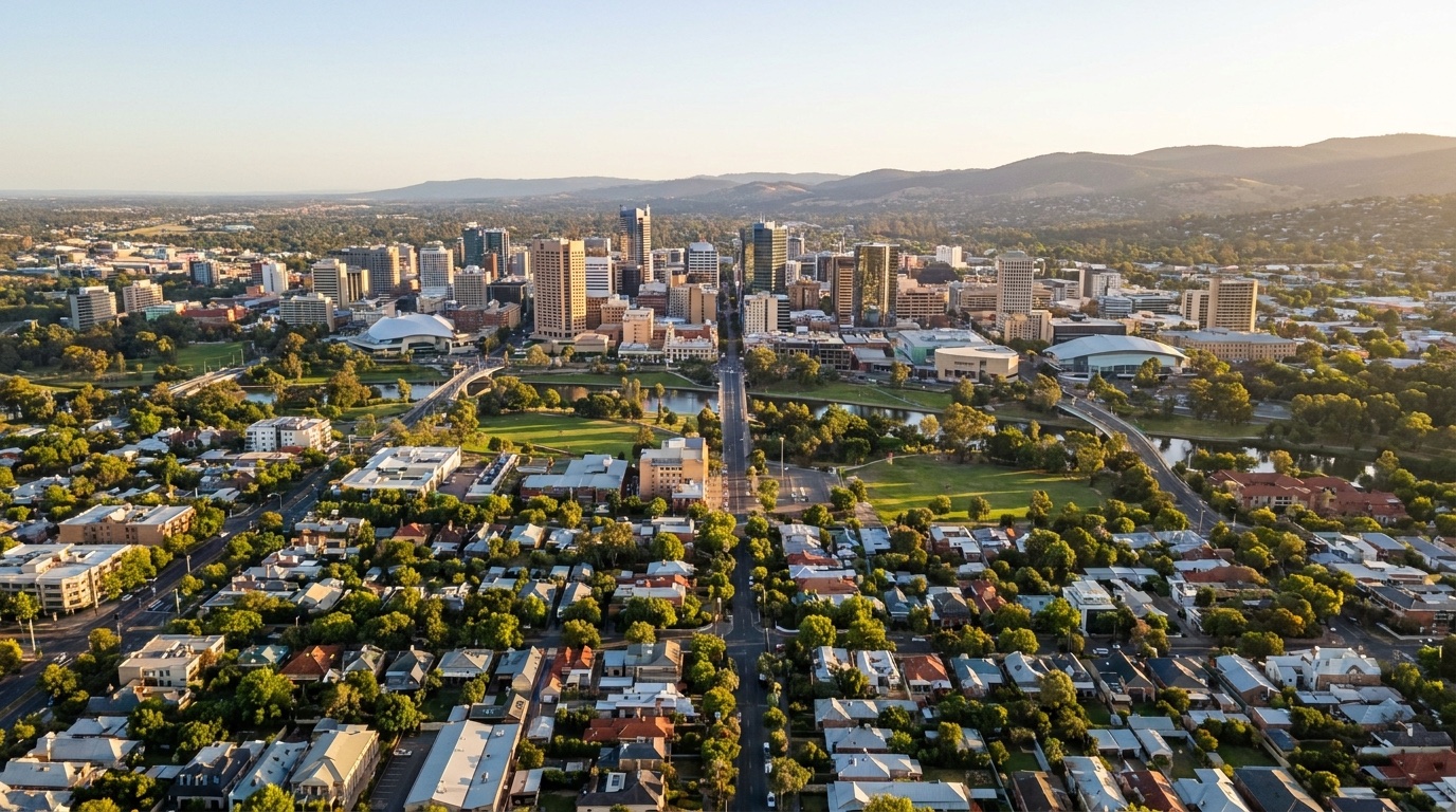 Adelaide city skyline with the Adelaide Hills behind and leafy residential suburbs in the foreground