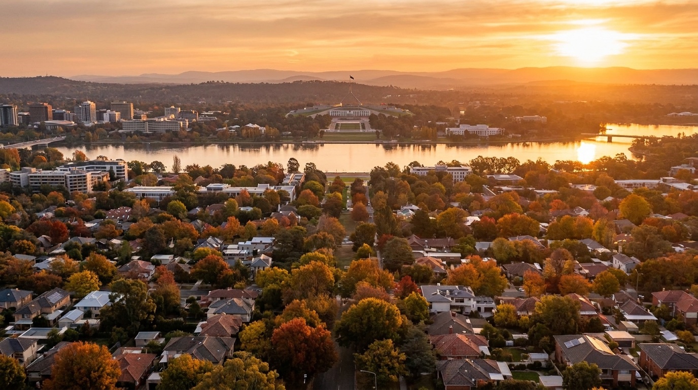 Canberra city and Lake Burley Griffin at golden hour with established residential suburbs in the foreground