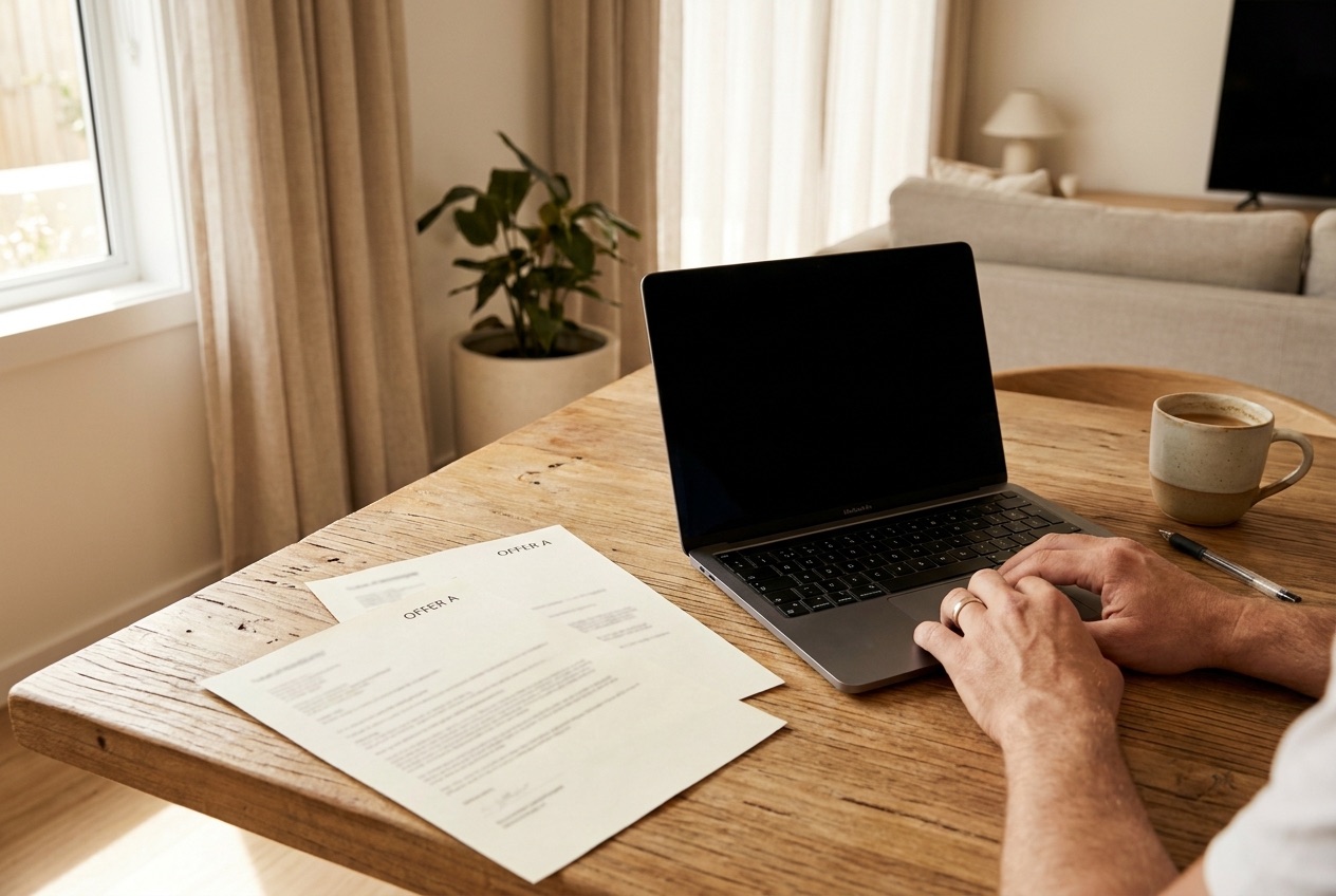 A private seller calmly reviewing a written property offer at a table