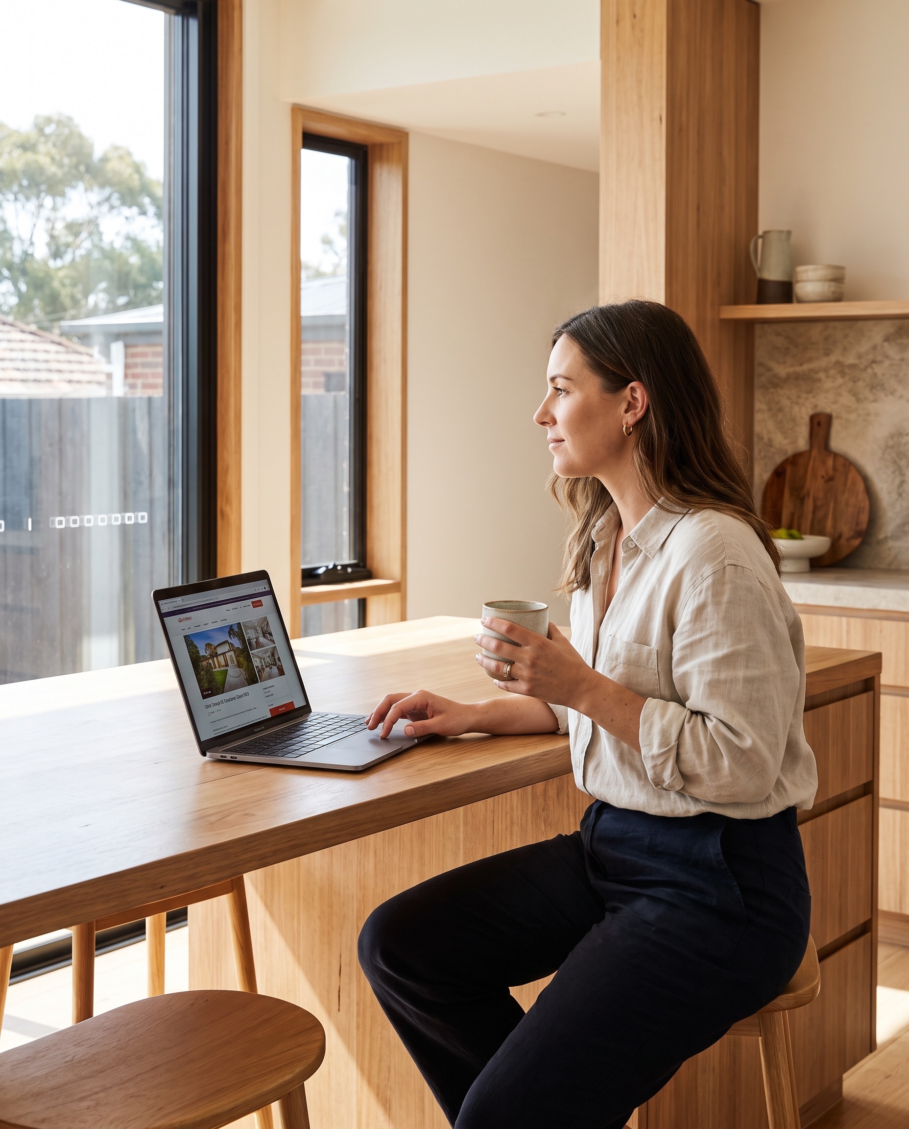 A homeowner managing the sale of their home from their kitchen