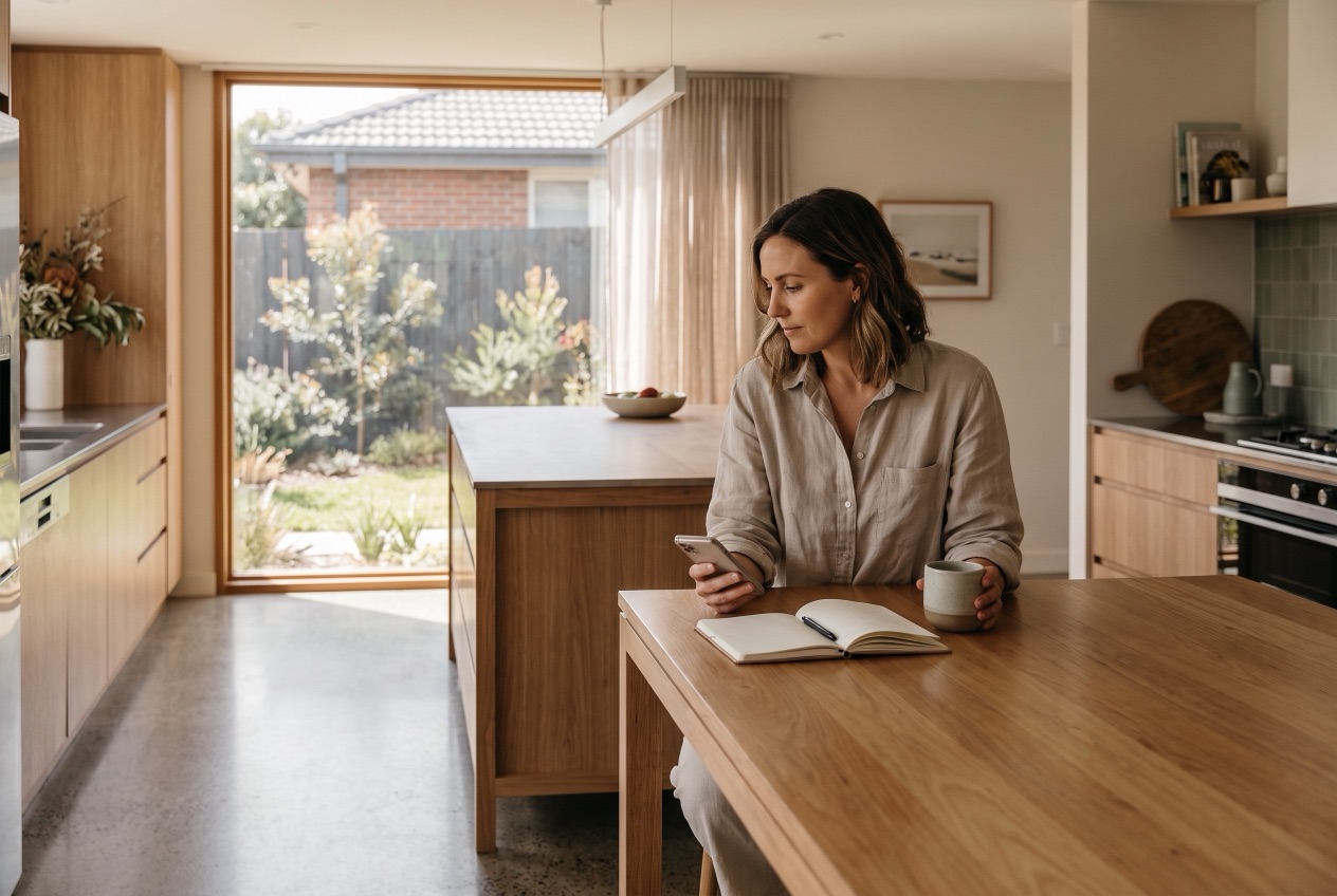 Homeowner checking their phone at the kitchen table