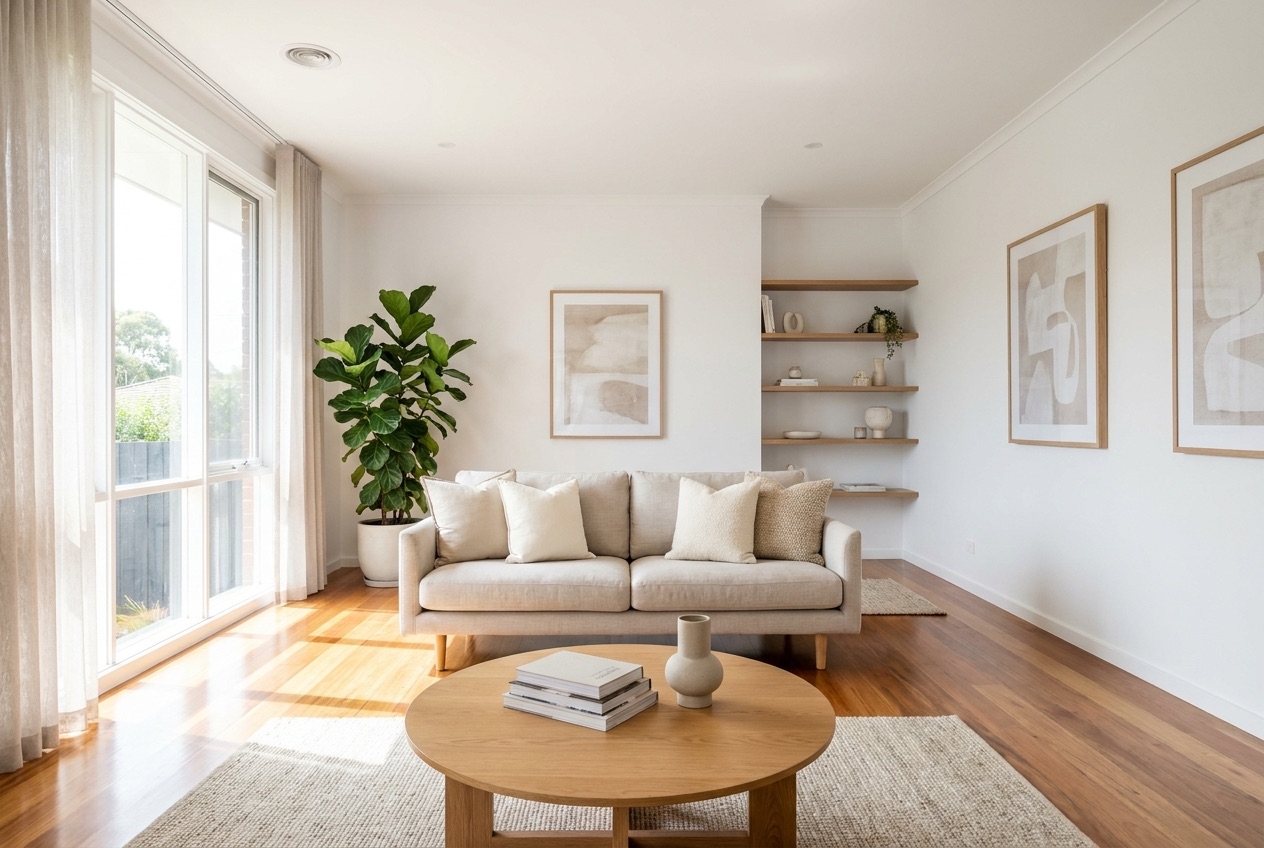 Bright modern living room styled for sale