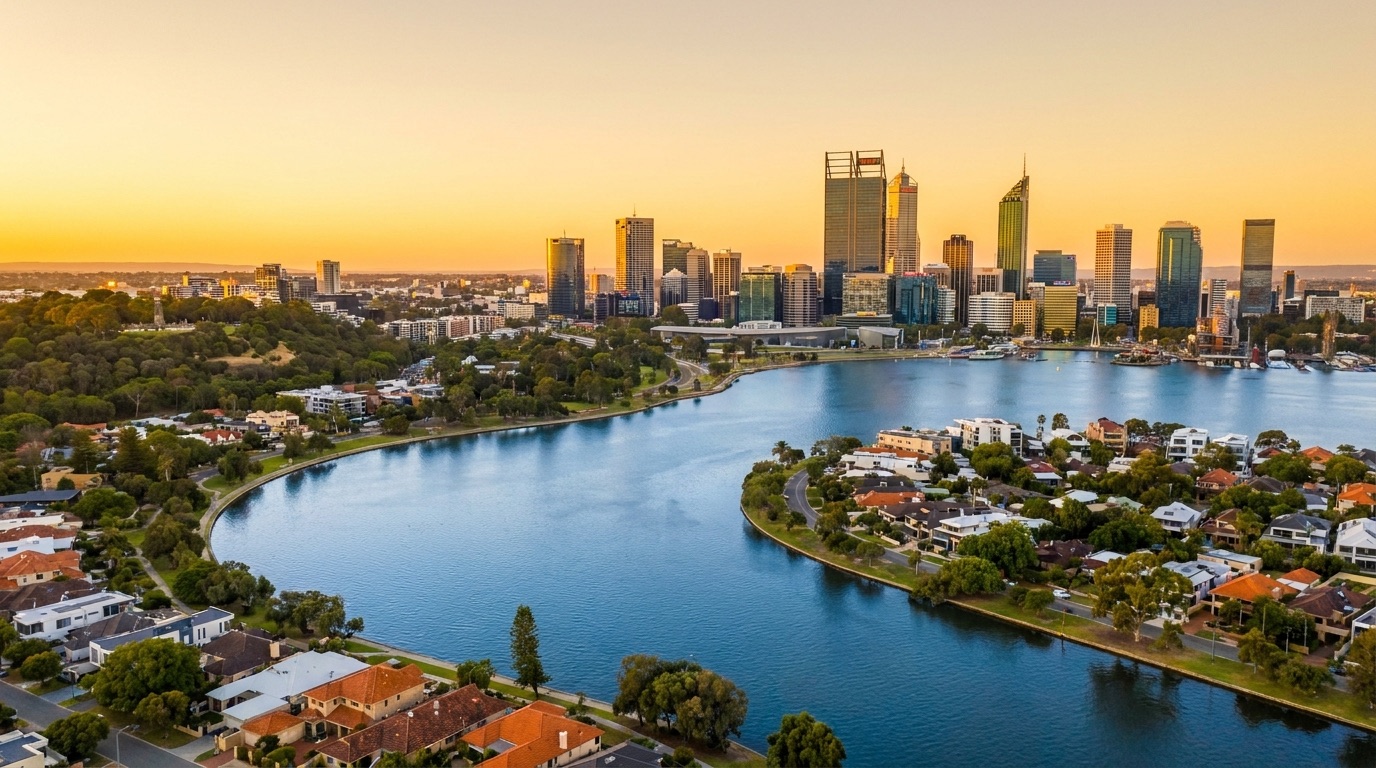 Perth city skyline and the Swan River at golden hour with riverside residential suburbs in the foreground
