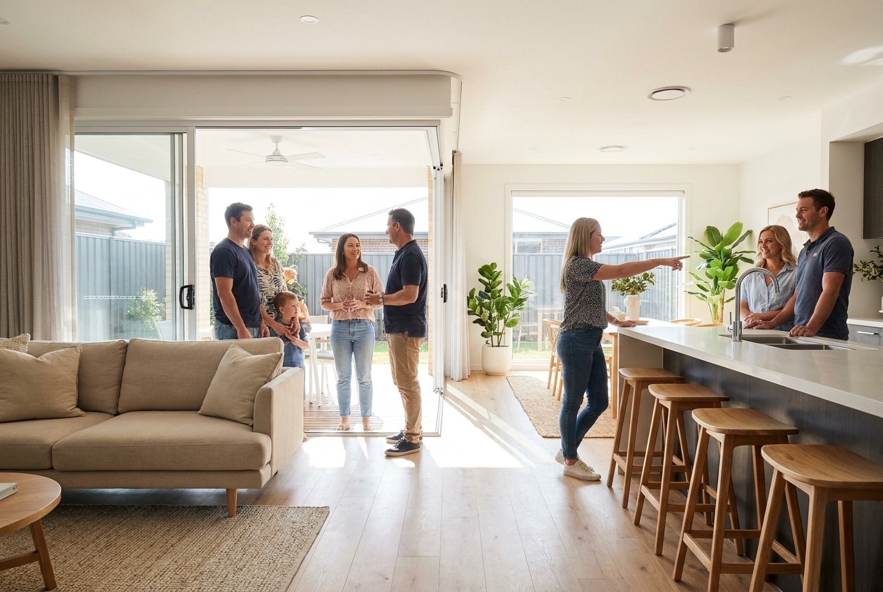 Prospective buyers walking through a bright open-plan home at a Saturday open inspection