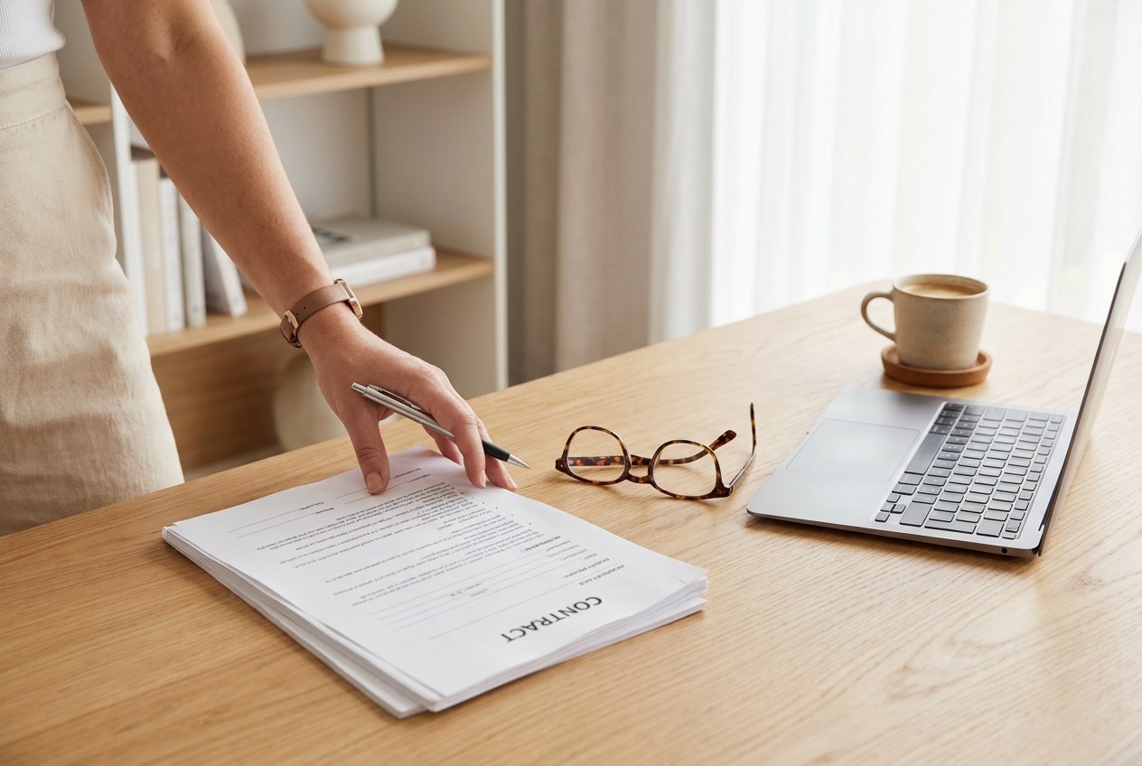 Reviewing a property sale contract and vendor statement documents at a home office desk