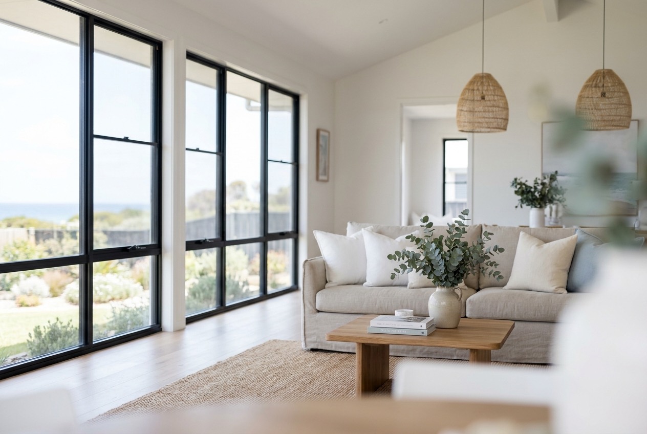 Bright, styled and decluttered living room ready for professional sale photography