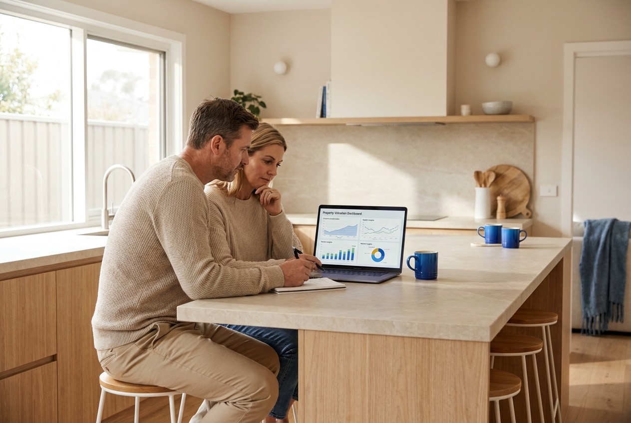 Home sellers reviewing an AI property valuation on a laptop at their kitchen island