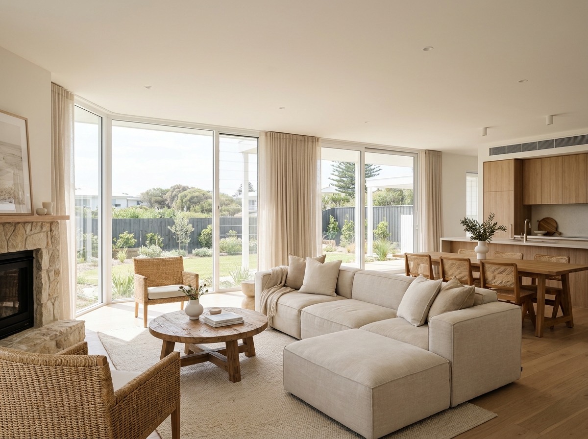 Professional real estate photography example of a bright open-plan Australian living room