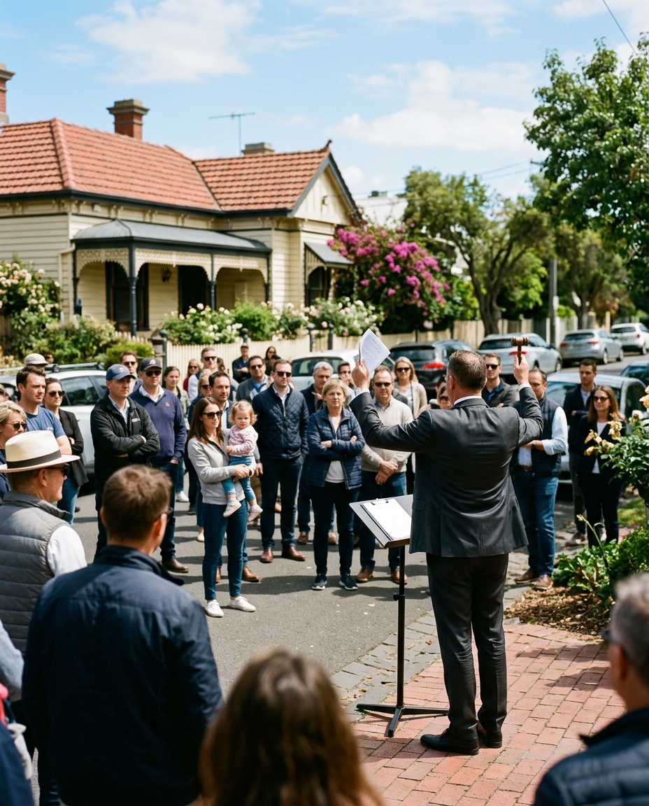 An auctioneer calling bids in front of a crowd at an on-site auction