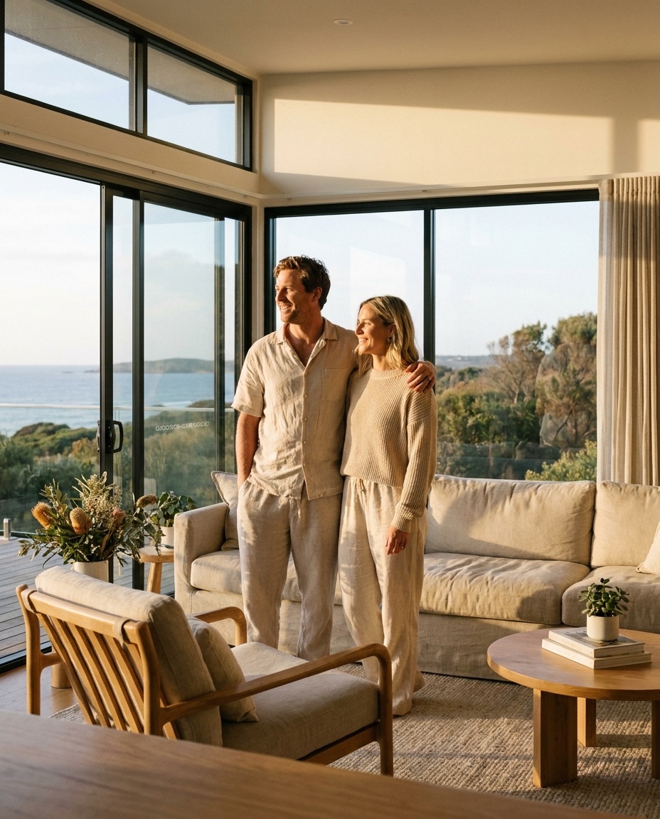 A couple looking out over a light-filled home they are buying