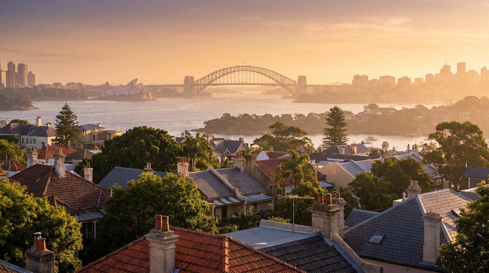 Sydney Harbour and city skyline at golden hour with residential suburbs in the foreground